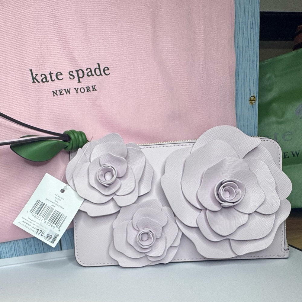 Kate Spade 3D Flora Flower Medium L-Zip Wristlet Pale Amethyst - KK972 MSRP $179 - Picture 13 of 16